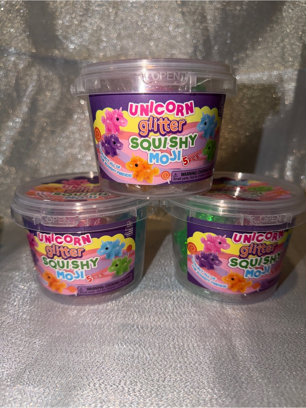 Last One -Three (3) Unicorn Squishy Buckets With 5 Mini Squishies In Each Bucket